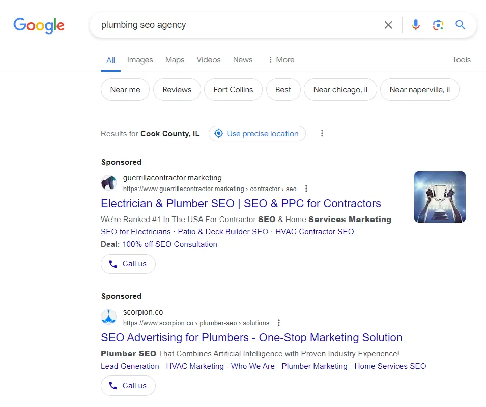 Plumbing SEO Agency Ad Results